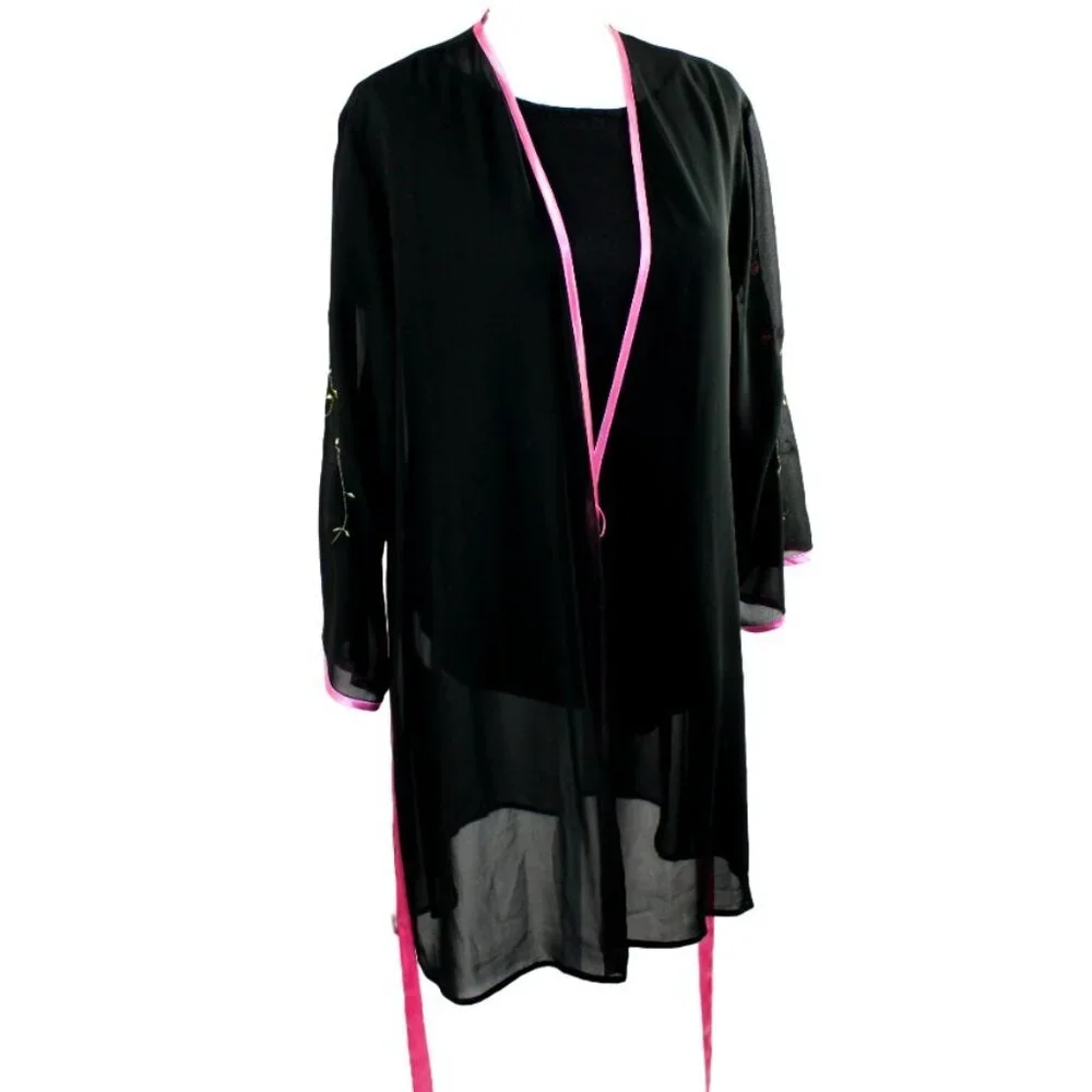 Oscar de la Renta Pink Label Black Sheer Pink Floral Accent Kimono Robe